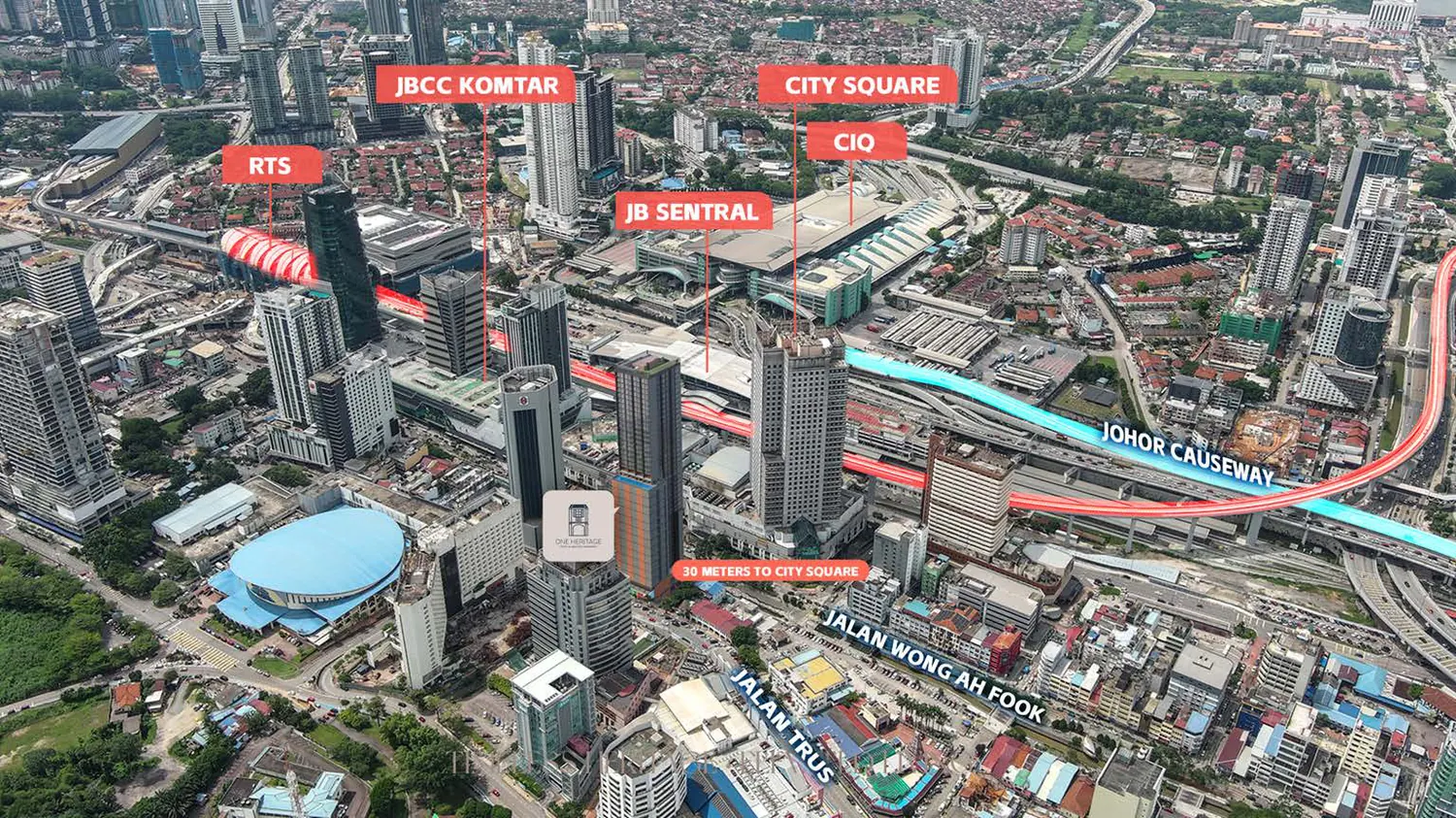 Aerial view of One Heritage relative to JBCC, RTS, JB Sentral, City Square and CIQ