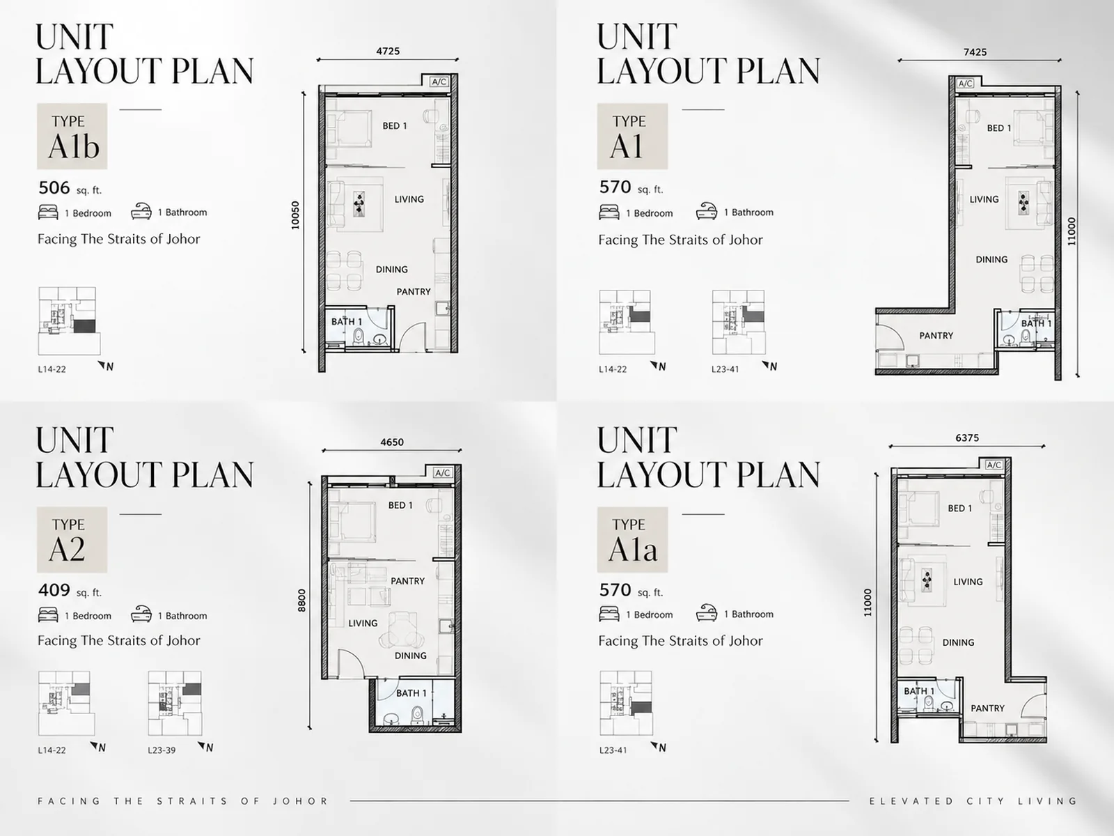 Unit layout plans — Type A1b, A1, A2 and A1a