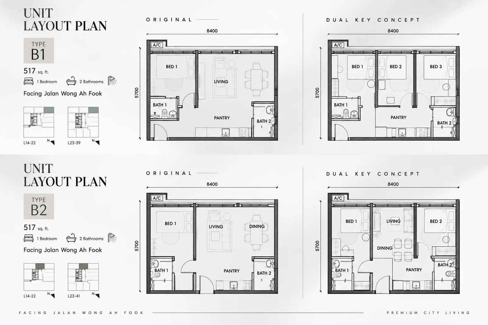 Unit layout plans — Type B1 and B2, original and dual-key concept
